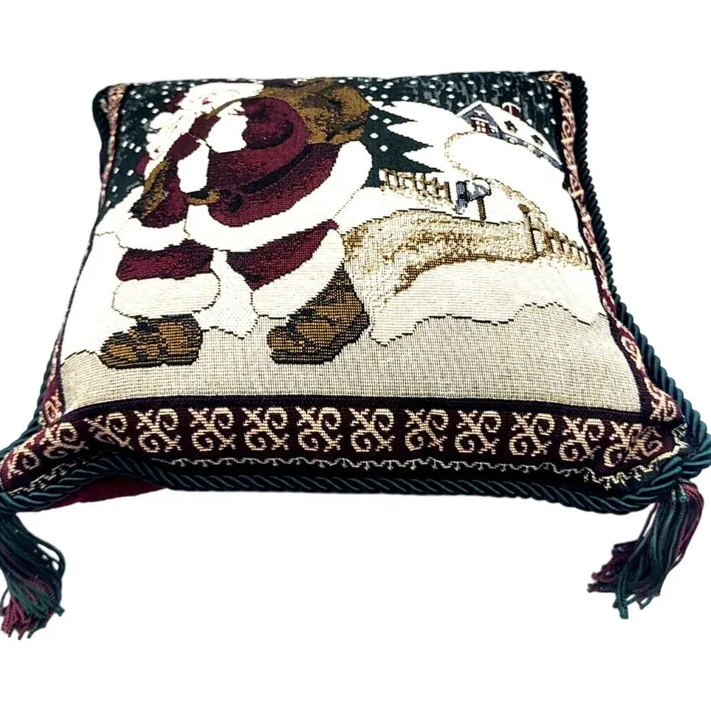 Vintage Christmas Santa Tapestry Decor Pillow Corduroy Back Red & Green Tassels